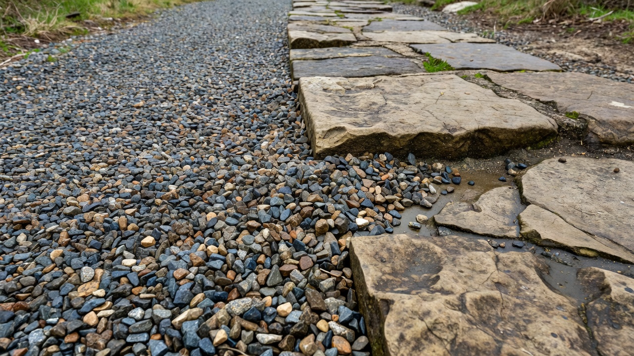Small angular gravel contained beside weathered stone path slabs