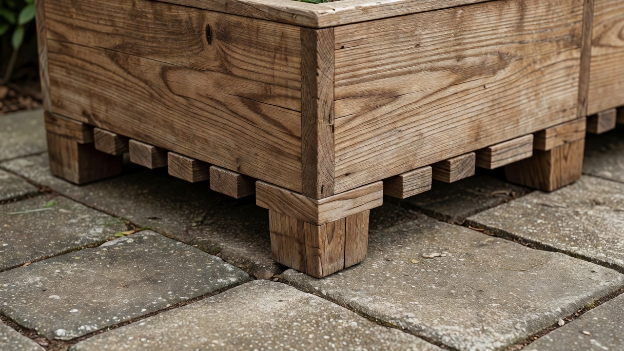 Close-up of a wooden planter base with drainage openings kept clear of the supporting surface