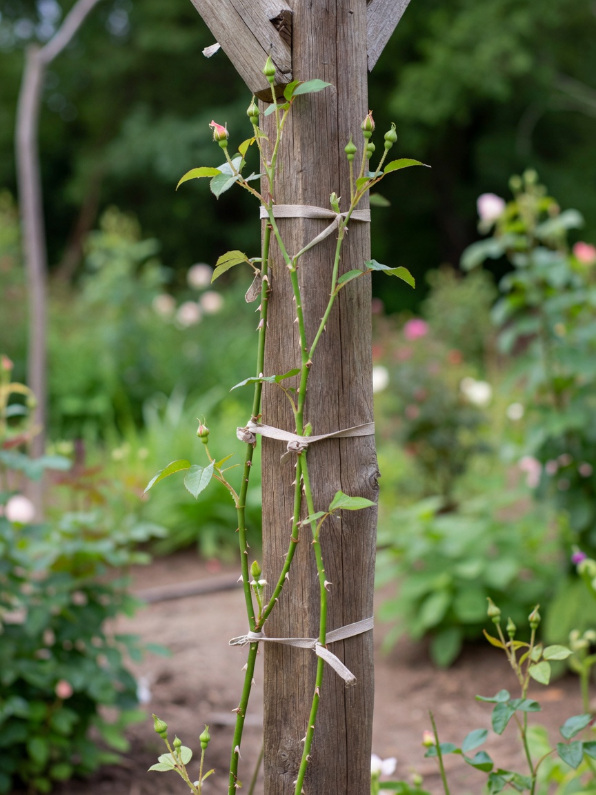 Young rose stems held with soft ties against a timber arch upright