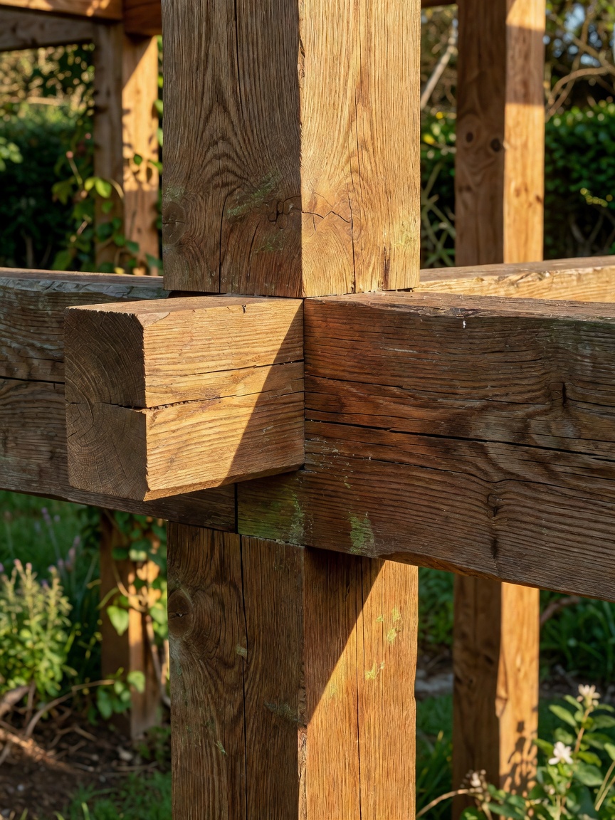 Close view of a mortise-and-tenon joint in an outdoor timber frame